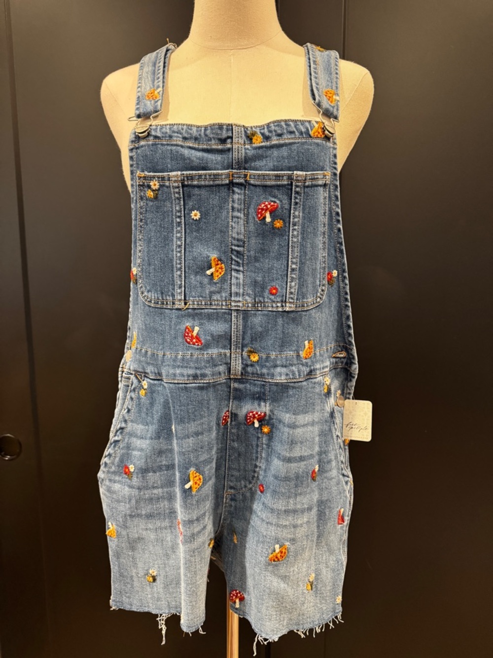 NWT Driftwood Free People Mushroom Flowers Embroidered Overalls Shortalls Medium - Picture 4 of 16